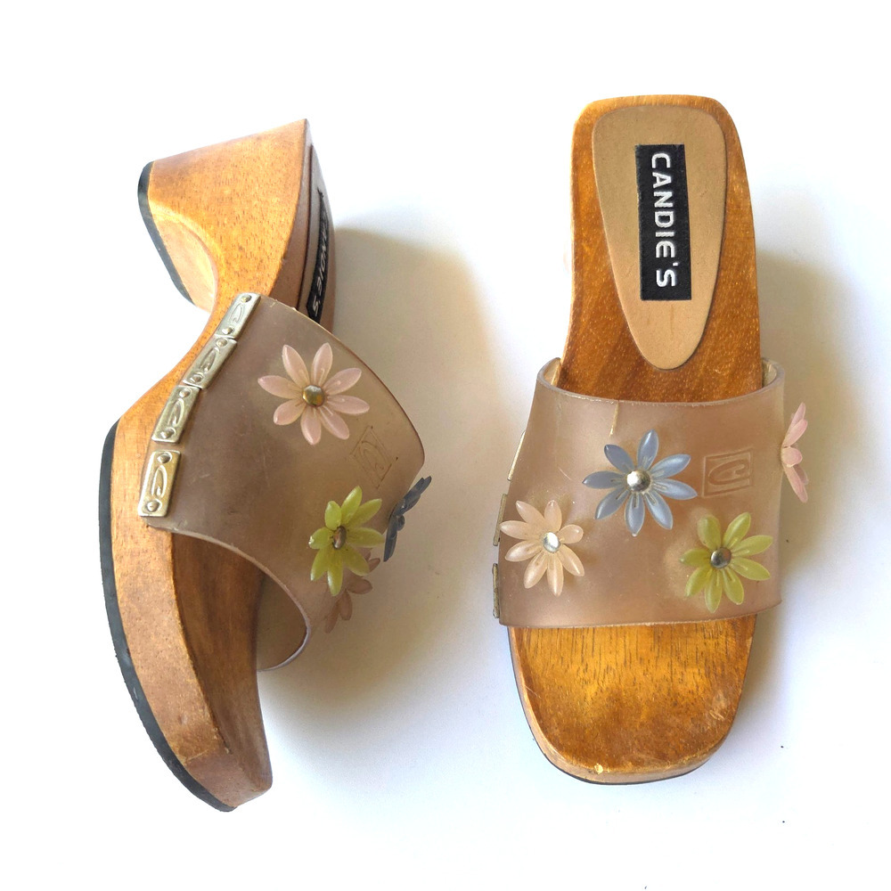 Vintage 90s Candie's Chunky Wooden Sandals Size 6 Wood Flowers Clogs Grunge